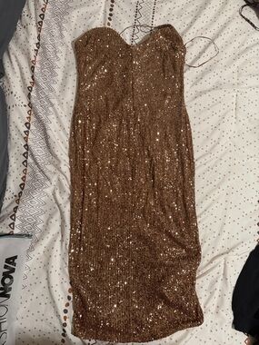 Fashion Nova Bronze Sequin Strapless Midi Dress